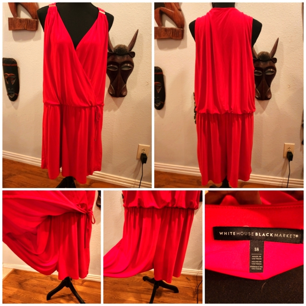 WHBM Red, Sleeveless Mid-Length, Faux Wrap Dress, Size 18